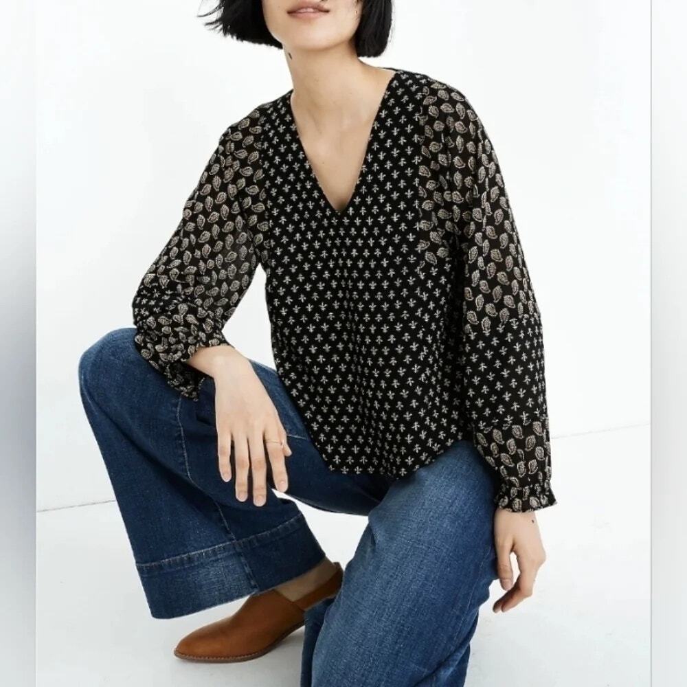 Madewell Sheer Sleeve Top Brushstroke Paisley V-Neck Puff Sleeve Black L